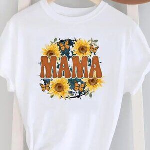 MAMA Sunflower Background Printed Round Neck Short-Sleeved T-Shirt Size L
